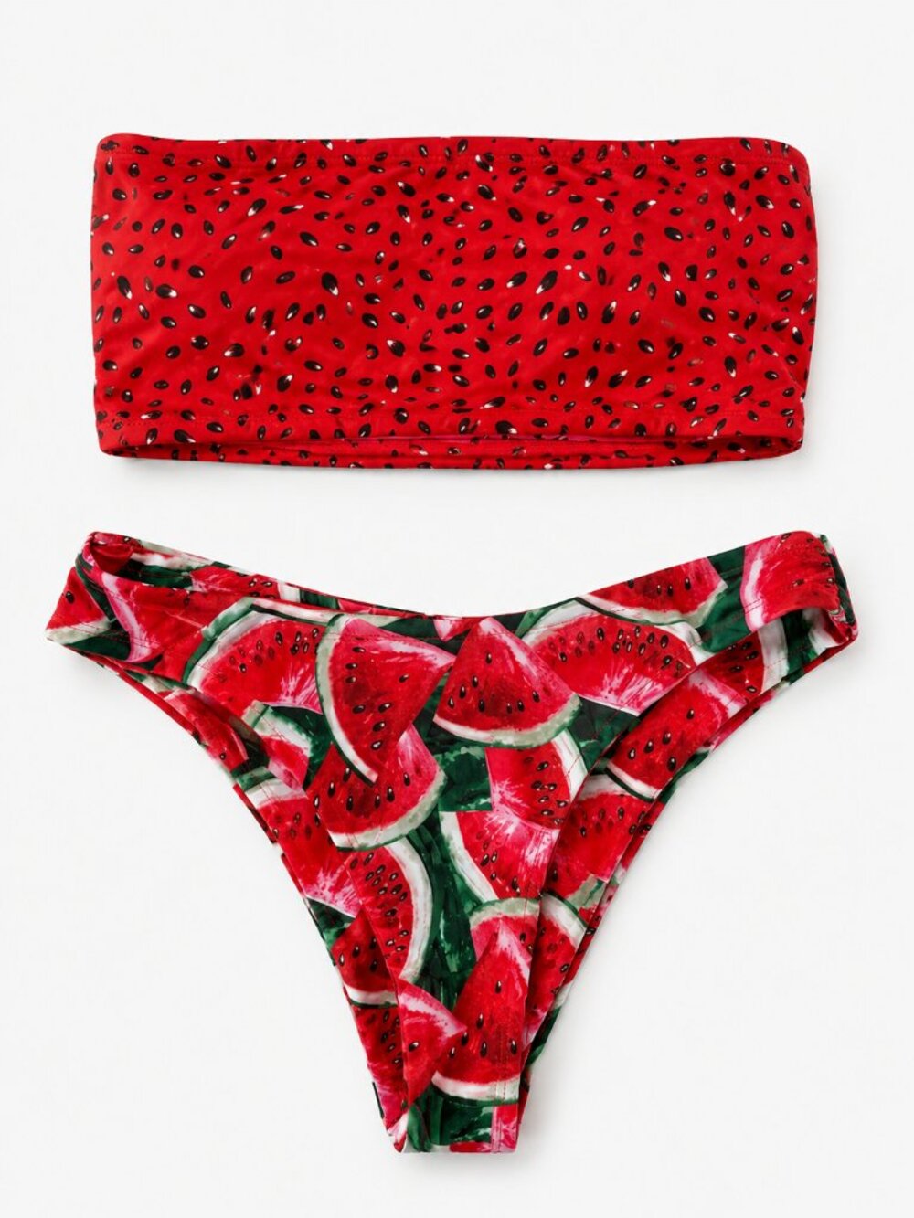 🍉 Cute Watermelon Print Bandeau Bikini Set Size M Red Seed Top + Slice Bottoms
